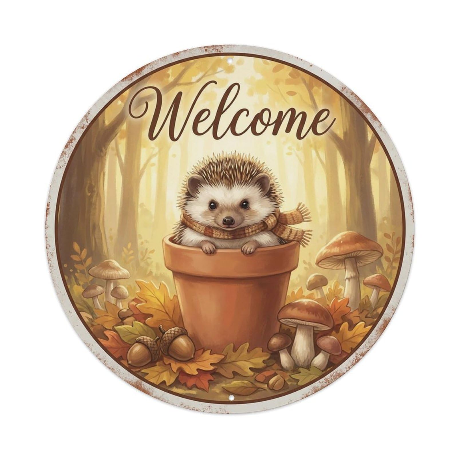 Welcome Hedgehog Autumn Woods Vintage Metal Tin Sign Plaque Wall Decor for Cafe, Club Bar, Office, Garden Metal Poster 8x8Inch