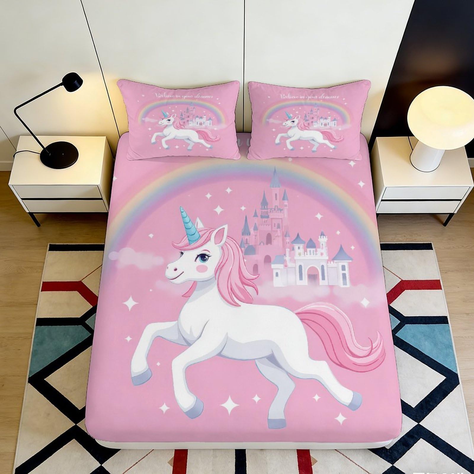 Jqzkxnhpbr Style-5 3D Printed Pink Unicorn Fitted Sheet Microfiber Soft Rainbow Castle Bed Cover For Bedroom Dorm Mattress Decor 90X200x25cm