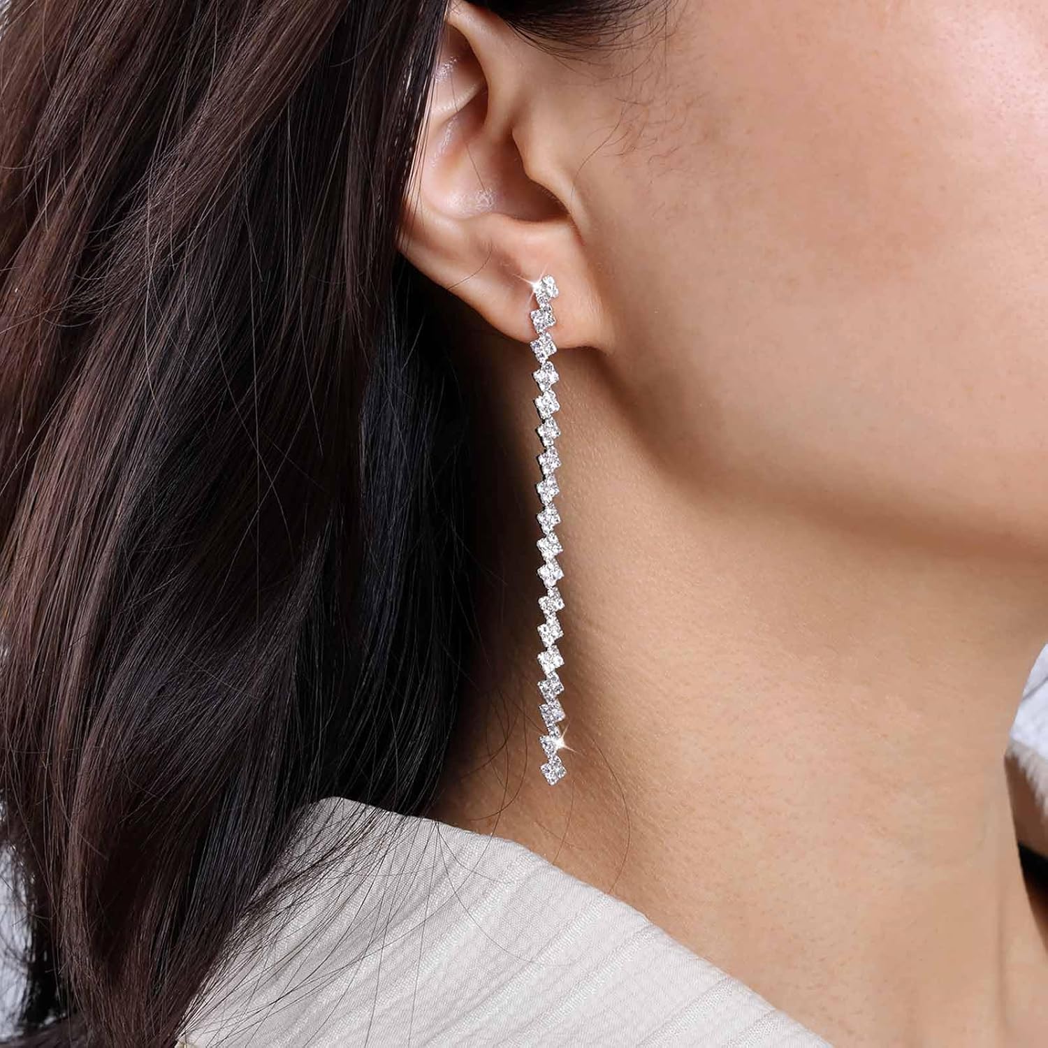 Vintage Long Rhinestone Chain Earrings Gold Cz Linear Drop Earrings Crystal Chain Tassel Earrings Crystal Cubic Tennis Chain Earrings Jewelry for Women - Image 5