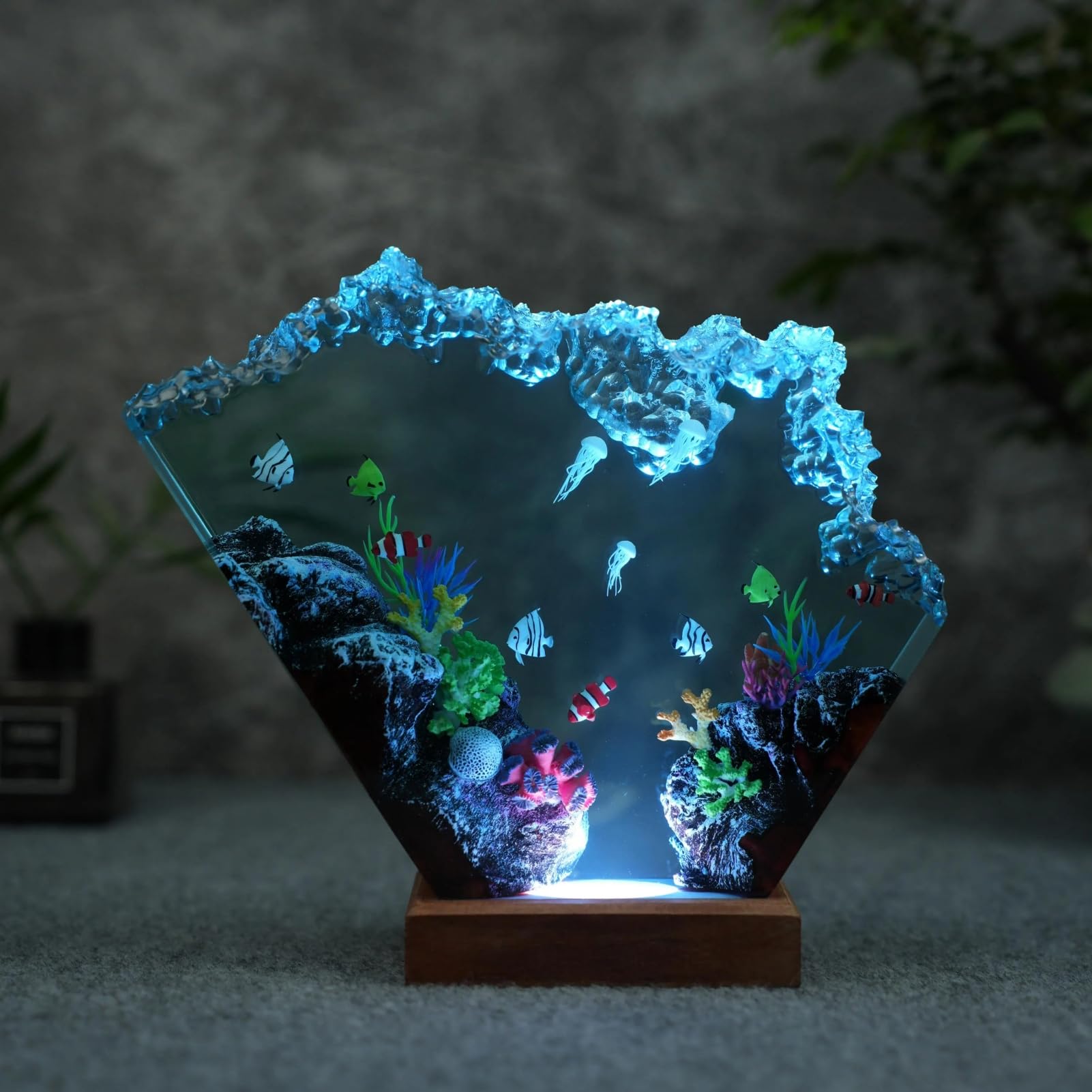Drawelry Luce Notte Resina Epossidica Paesaggio Sottomarino 3D Artigianale, Decorazion Casa Base Legno, Mini Acquario Marino con Animali Marini Lampada per Cameretta Soggiorno Ufficio (A12)