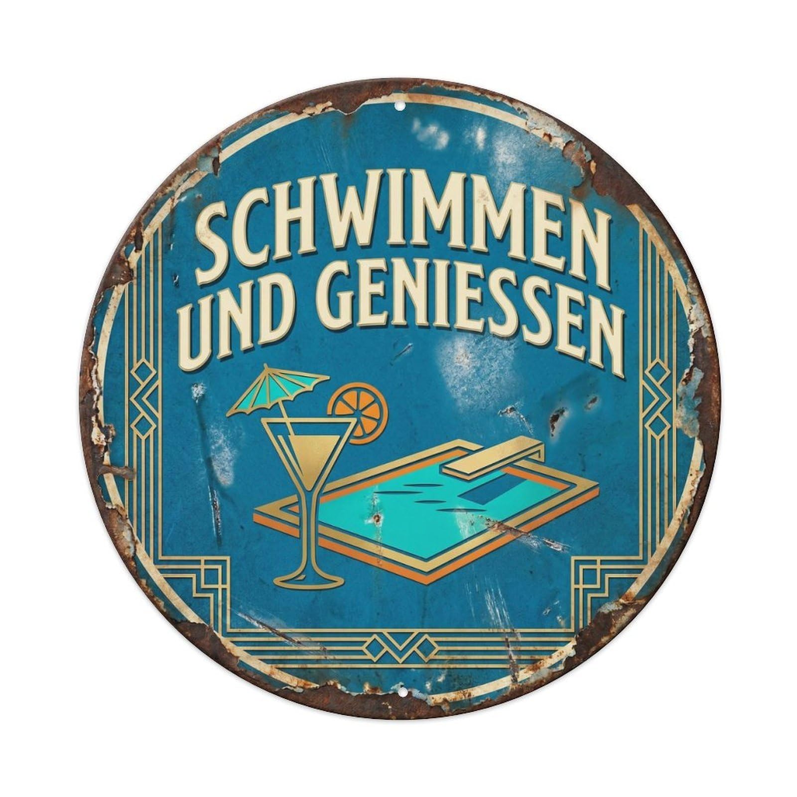 Swimming Enjoyment Retro Pool Slogan Resort Badge Ocean Metal Tin Sign Plaque Wall Decor for Cafe, Man Cave, Club Bar, Office, Home Garden Round Metal Poster 8x8Inch