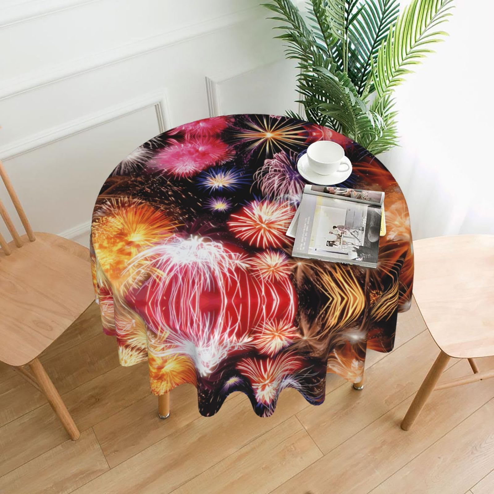 YYHHAOFA Beautiful Fireworks Prints 60in Round Decorative Tablecloth – High-Grade Polyester Throw Cover for Dining, Parties, and Outdoor Events