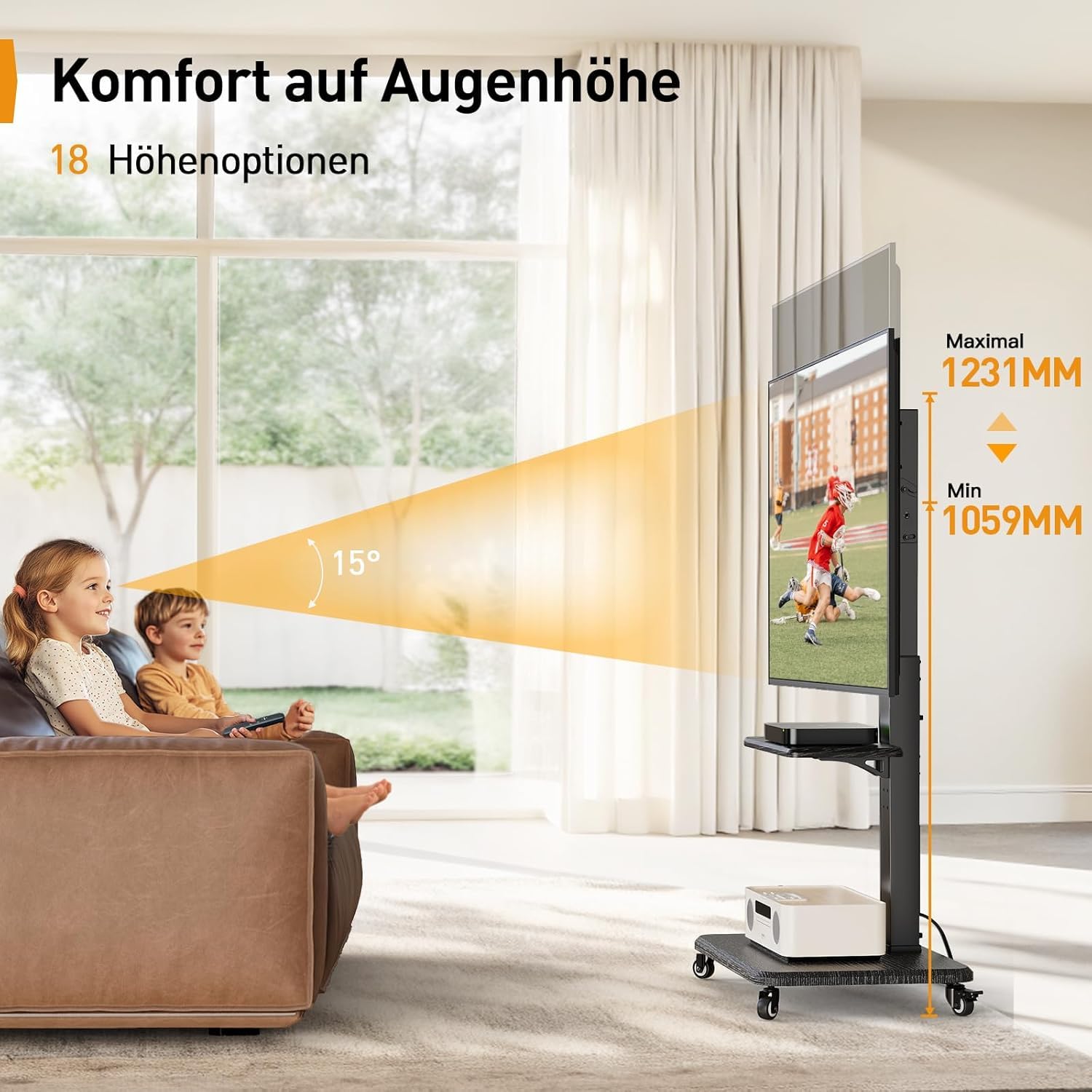 Perlegear TV Ständer Rollbar für 32-75 Zoll Fernseher bis zu 50kg - Höhenverstellbarer TV-Ständer mit Rollen, Schwenk- und Neigbar, inkl. Tablett, Max VESA 600x400mm, PGTVMC27