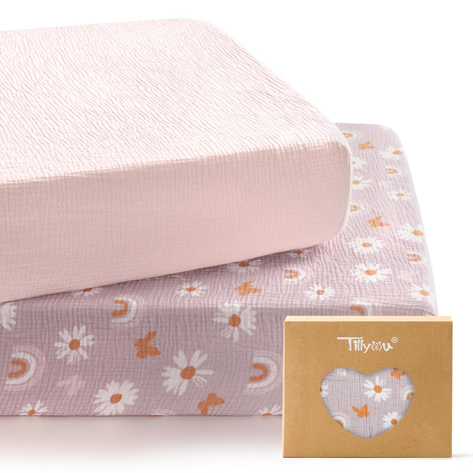 TILLYOU 2 Pack Muslin Crib Sheets for Boys and Girls, 100% Cotton Fitted Crib Sheet for Toddler 52x28 Standard Crib Mattress, Pink Butterfly