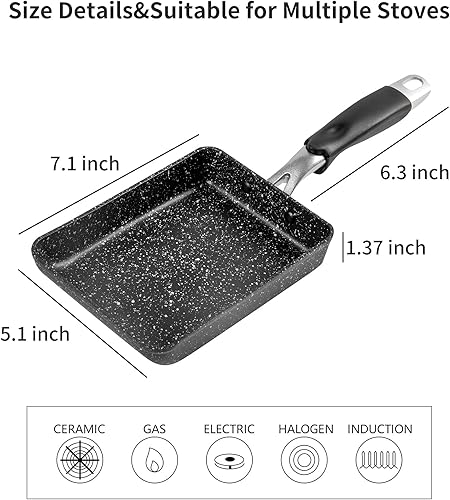 Miniatura 2 de Sartén Tamagoyaki prémium de 7 x 5 pulgadas, sartén para tortilla japonesa antiadherente, sartén japonesa con tapa y cepillo de aceite, sartén para