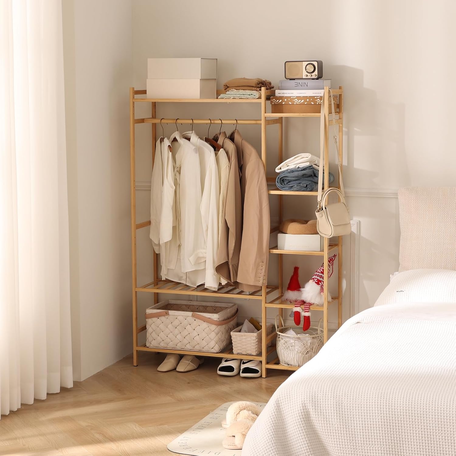 Bamboo Clothing Garment Rack, 8 Tier Clothes Storage Hanging Rack, Portable Wardrobe Closet Organizer With Top Shelf, Shoe Storage Shelves for Bedroom Natural 3 - 39.37 in