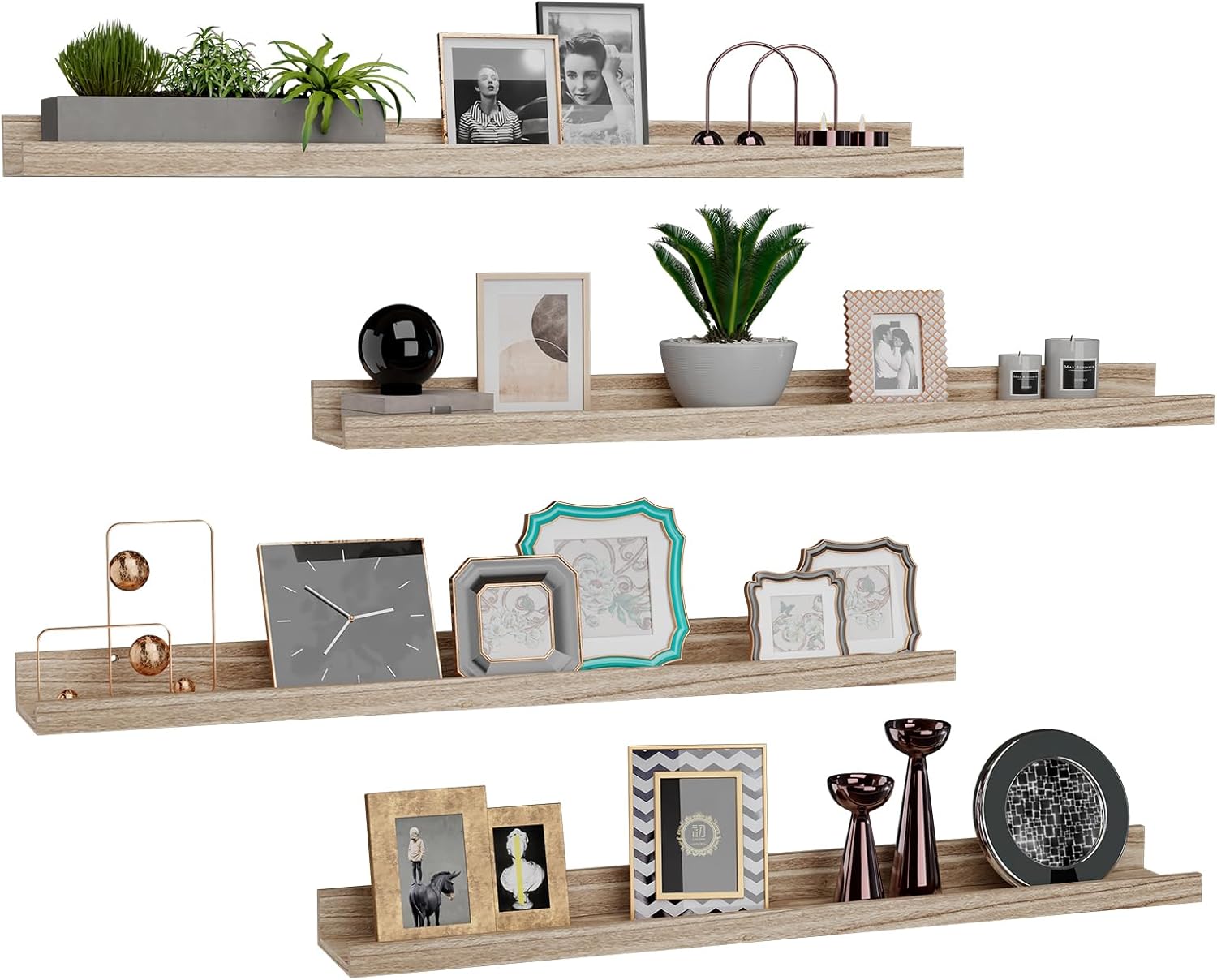 IBUYKE Picture Ledge Shelf,Wood Floating Shelves Set of 4,36 Inches Wall Mounted Bookshelves for Kitchen, Bedroom, Bathroom, Light Wood RF-GB536N-4 Light Wood 36"