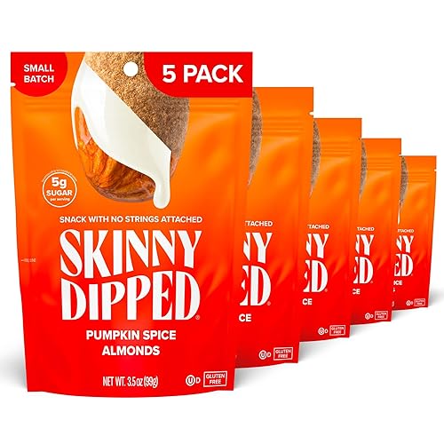 SkinnyDipped Almendras de especias de calabaza, aperitivo saludable, proteína vegetal, sin gluten, bolsas resellables de 3.5 onzas, paquete de 5