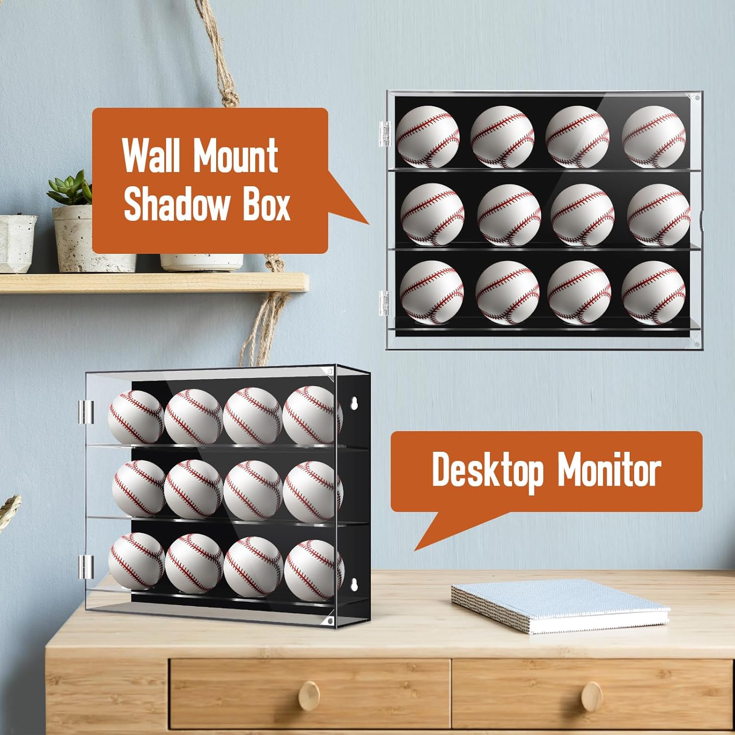Acrylic Baseball Display Case Wall Mounted Display Holder Shadow Box Clear Baseball Holder Removable Ball Stand for Collector Memorabilia Autograph Case(3 Tiers for 12 Balls)