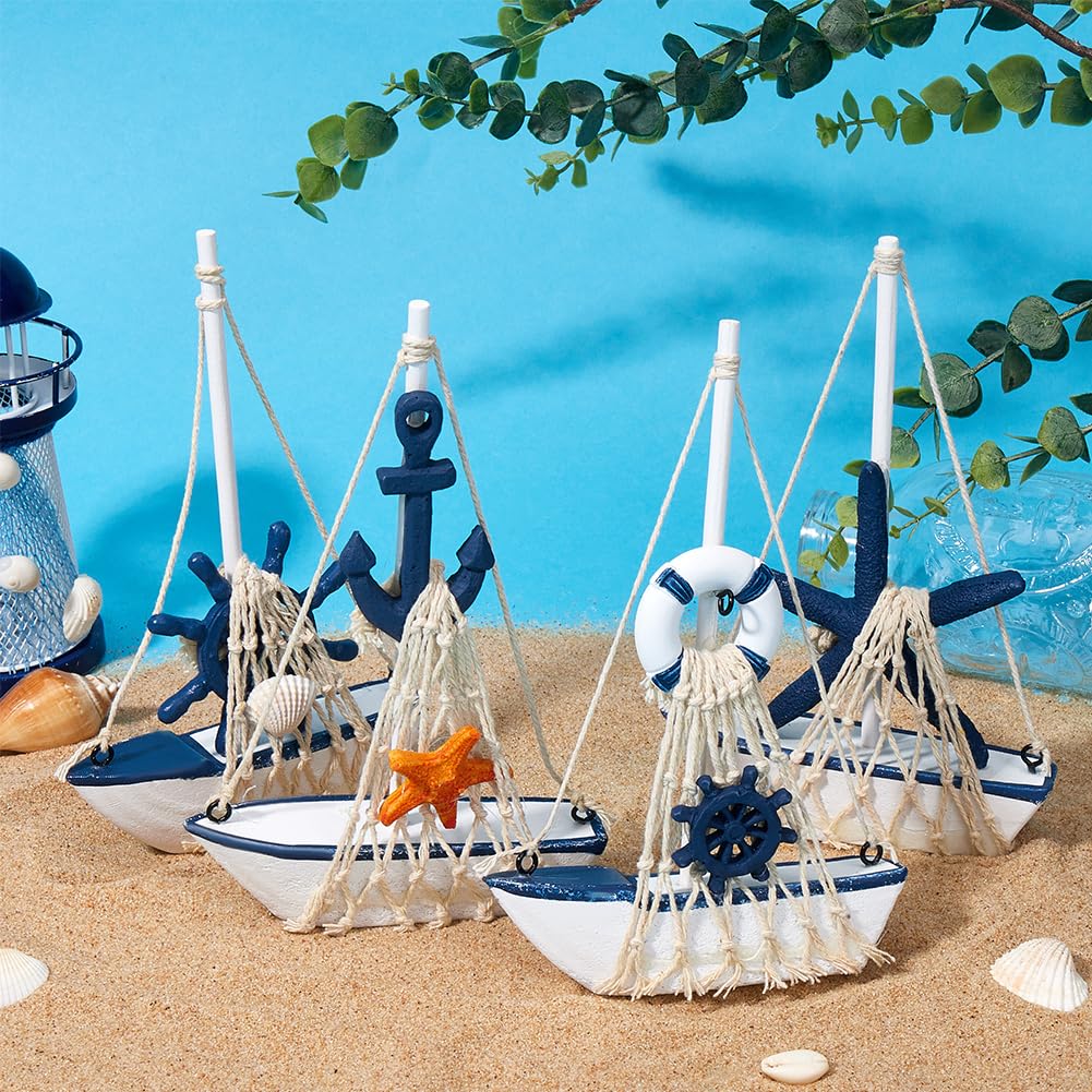GORGECRAFT 4Pcs Mini Sailboat Model Decoration Wooden Miniature Sailing Boat Home Decor Set Beach Nautical Design Marine Blue and White Desktop Ocean Landscape Ornament for Bathroom Bedroom - Image 4