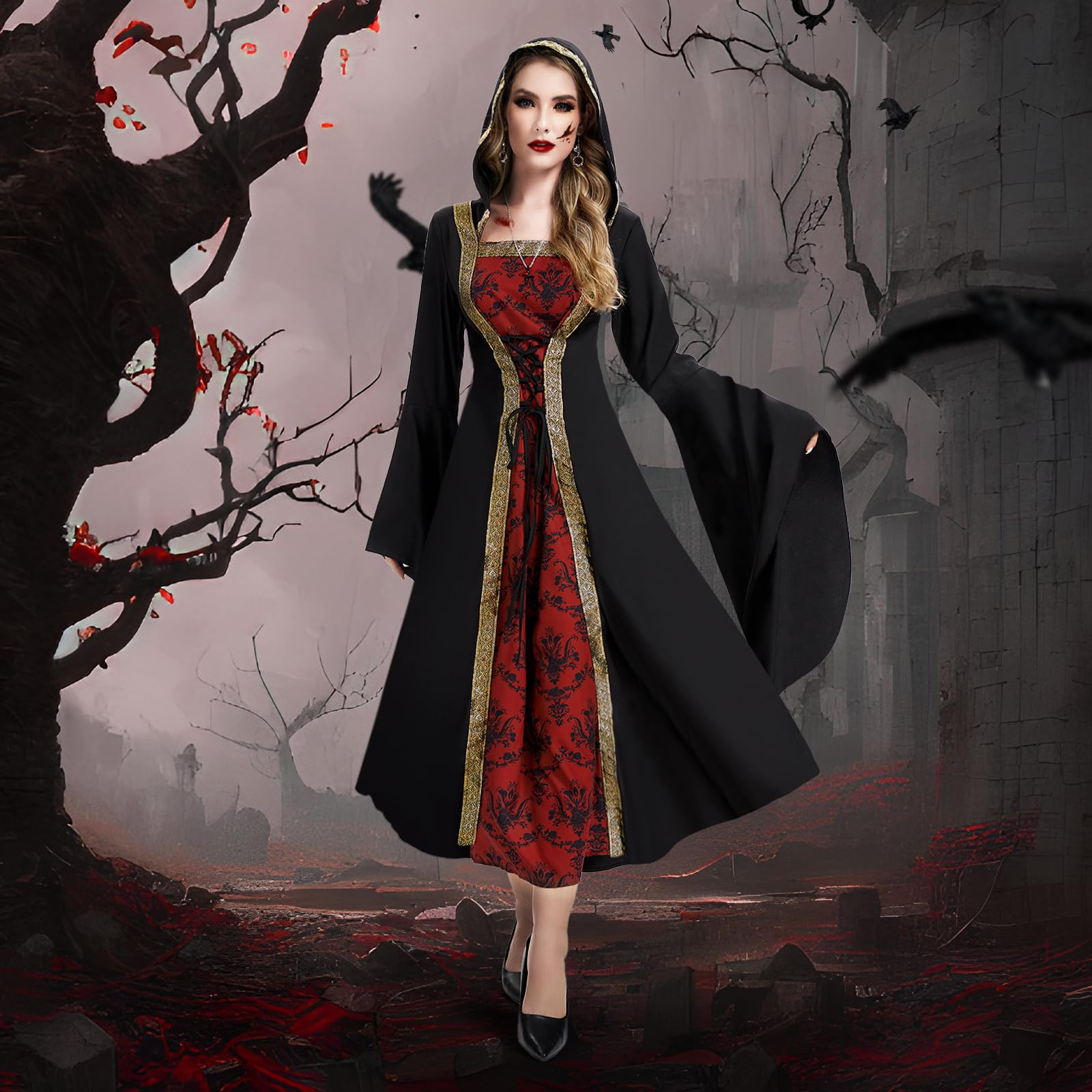 IEEILULU Vestito Vampira Donna, Vestito Medievale Donna Costume Vampiro, Costumi Halloween con Collana e Orecchini, Costumi per il Ballo in Maschera di Halloween