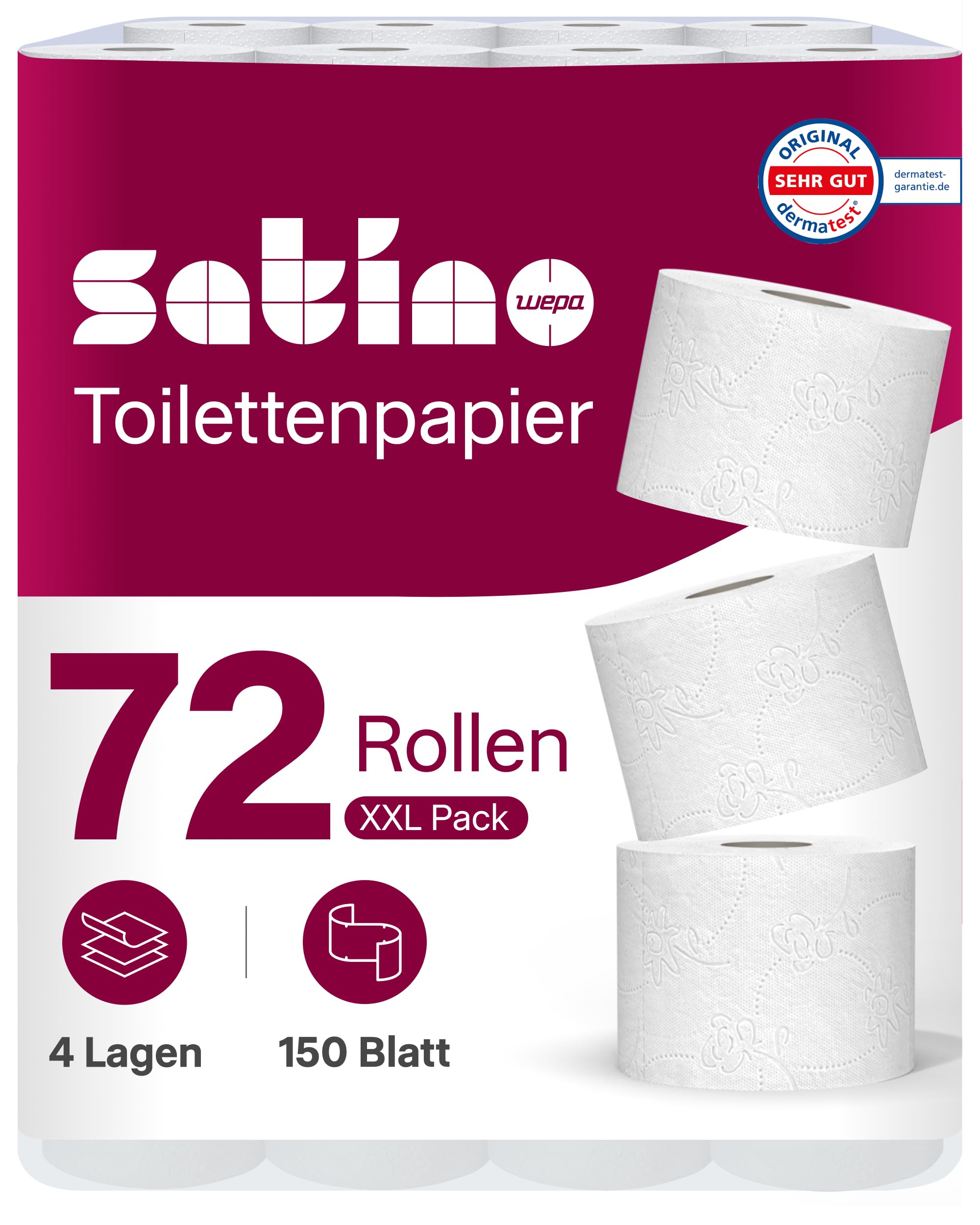 Papier toaletowy Satino 4-warstwowy I opakowanie zbiorcze (9x8) z ekstra miękką 72 rolki papieru toaletowego I papier toaletowy premium prestige I jasna biel i szczególnie przyjemna celuloza
