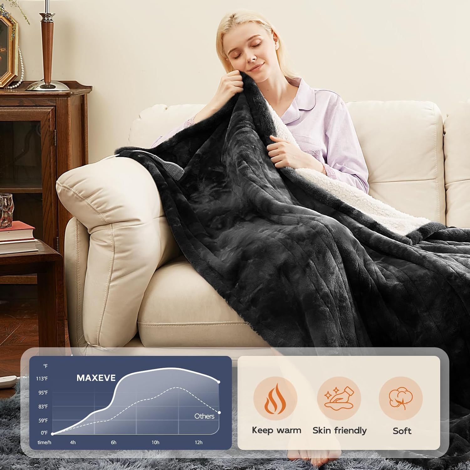 MAXEVE Electric Heated Blanket 84"x 90" Rabbit Faux Fur Queen Blankets with Dual Controllers 8 Heating Levels & 8H Auto Off, Fast Heating Warm Sherpa Washable Throw with ETL Certification, Grey - Image 8