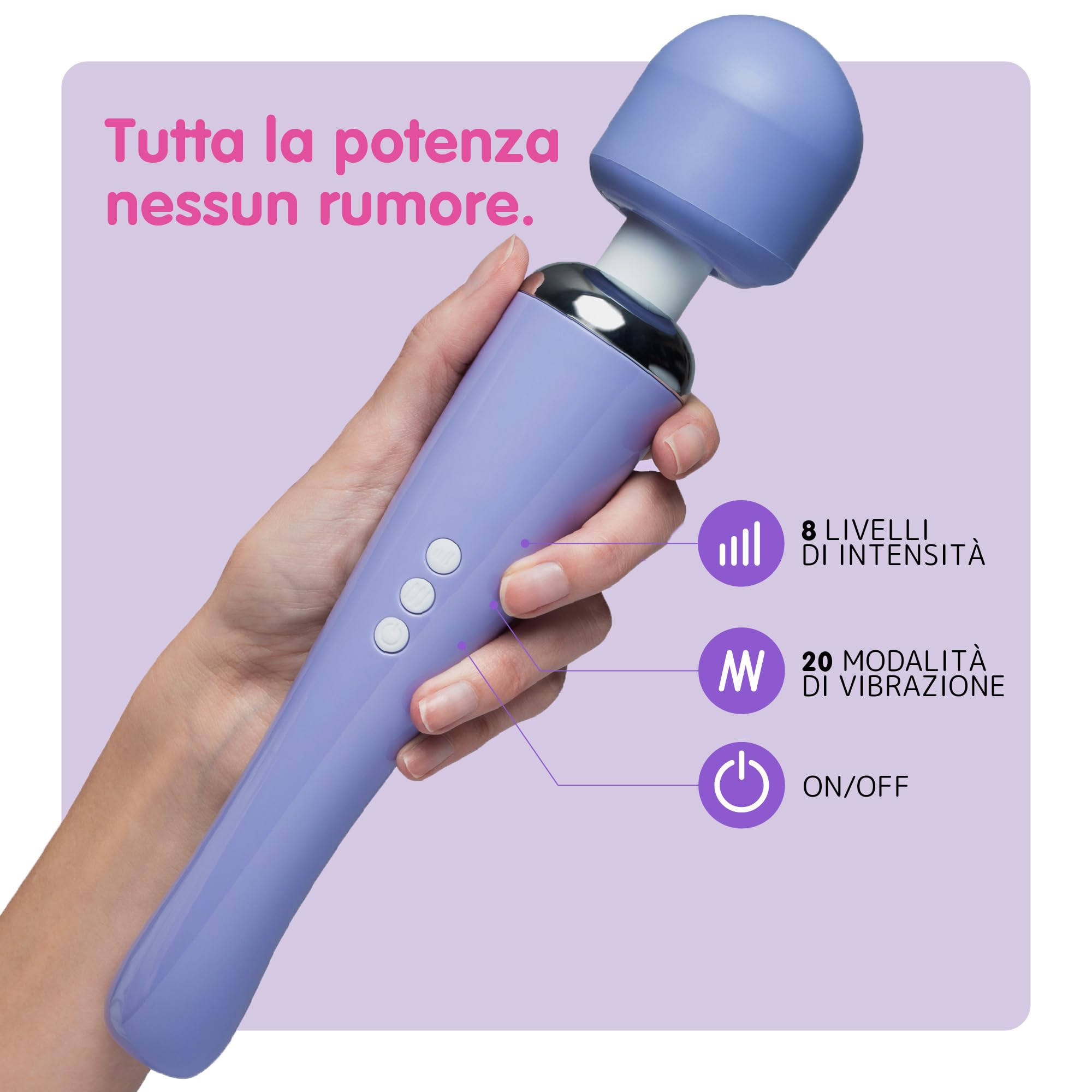 Oliver James Massaggiatore Personal Massager - Grande - Massaggiante Personale Elettrica, 20 modalità di vibrazione e 8 velocità, borsa da viaggio - Ottimo da usare dopo lo sport (Lilla)