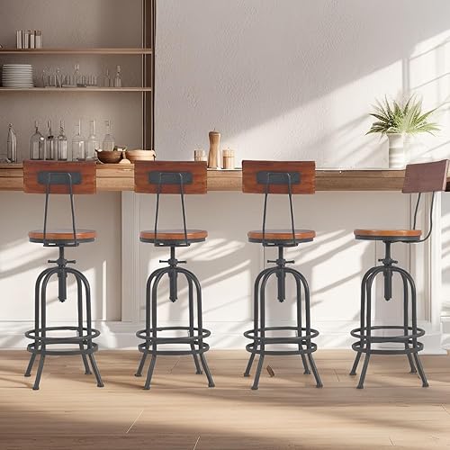 Juego de 2 taburetes de bar industriales con respaldo, giratorios, de madera, altura ajustable, 26 a 32.2 pulgadas, silla de comedor para isla de