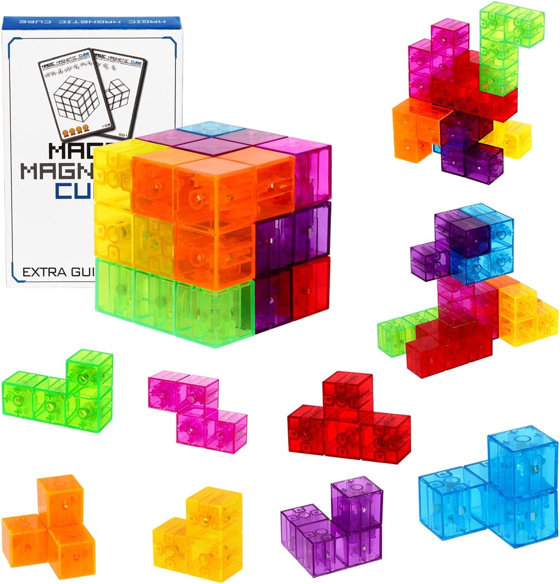 Magic 3D Puzzle Cubes, Set of 7 Multi Shapes Magnetic Blocks with 54 Guide Cards, Intelligence Developing and Stress Relief Fidget Toys