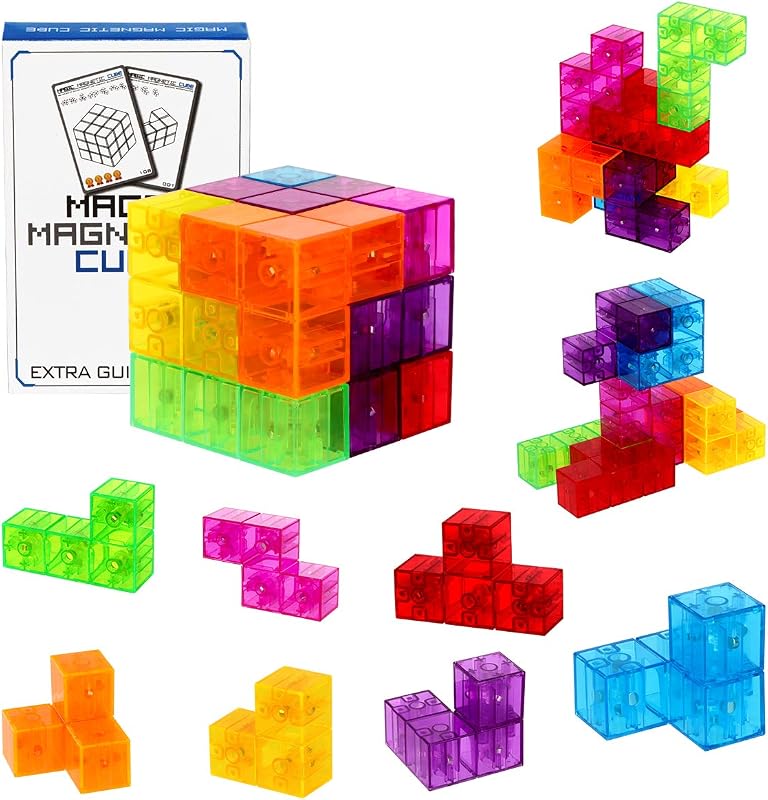Cubos mágicos de rompecabezas 3D, juego de 7 bloques magnéticos de múltiples formas con 54 tarjetas guía, juguetes antiestrés para desarrollo de inteligencia y alivio del estrés