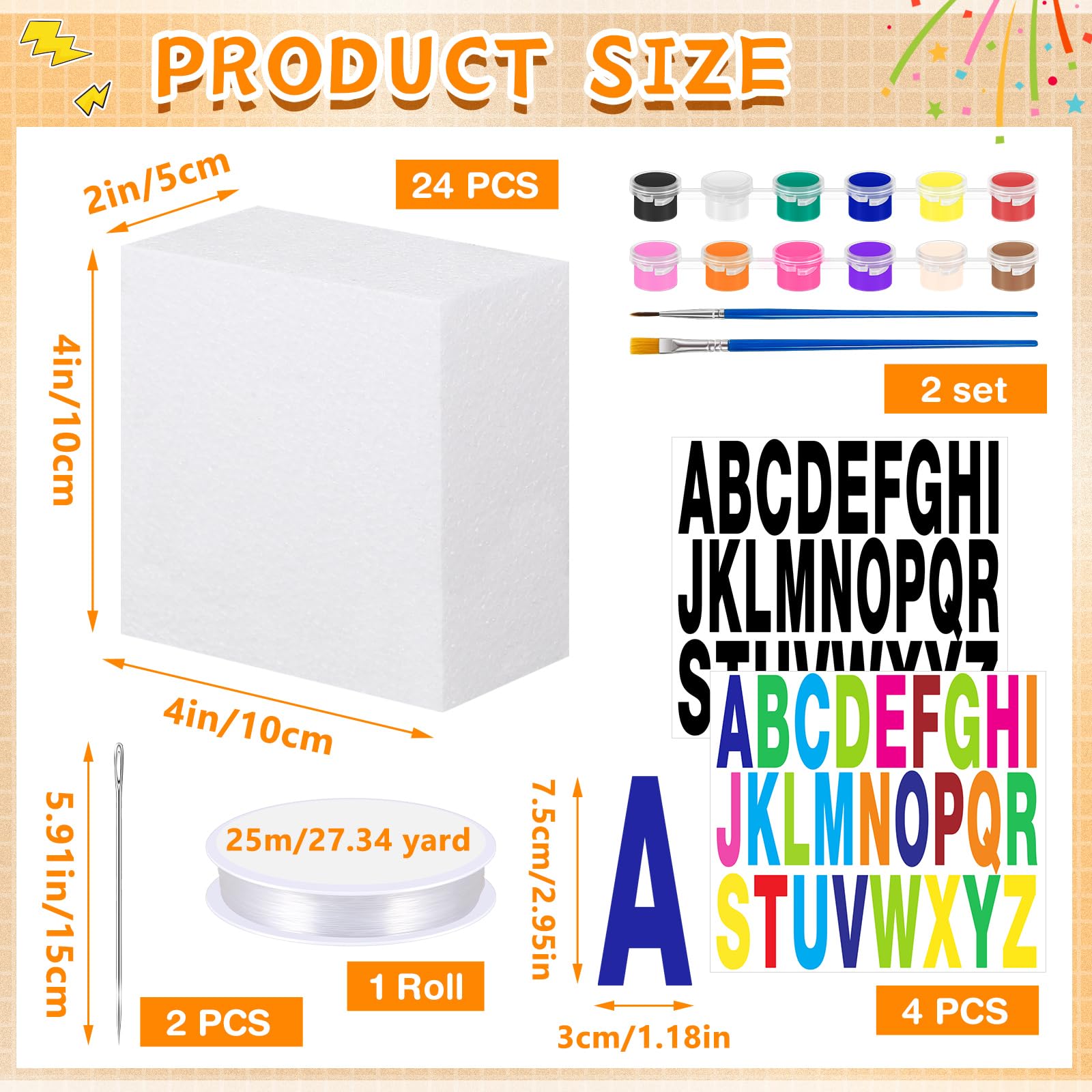 Gilprop 24 Pcs Craft Foam Blocks 4x4x2 Polystyrene Brick with Letter Sticker Pigment Needle and Fishing Line Foam Cubes for DIY Floral Arrangement Friendship Bracelet Art Sculpting Birthday Decoration