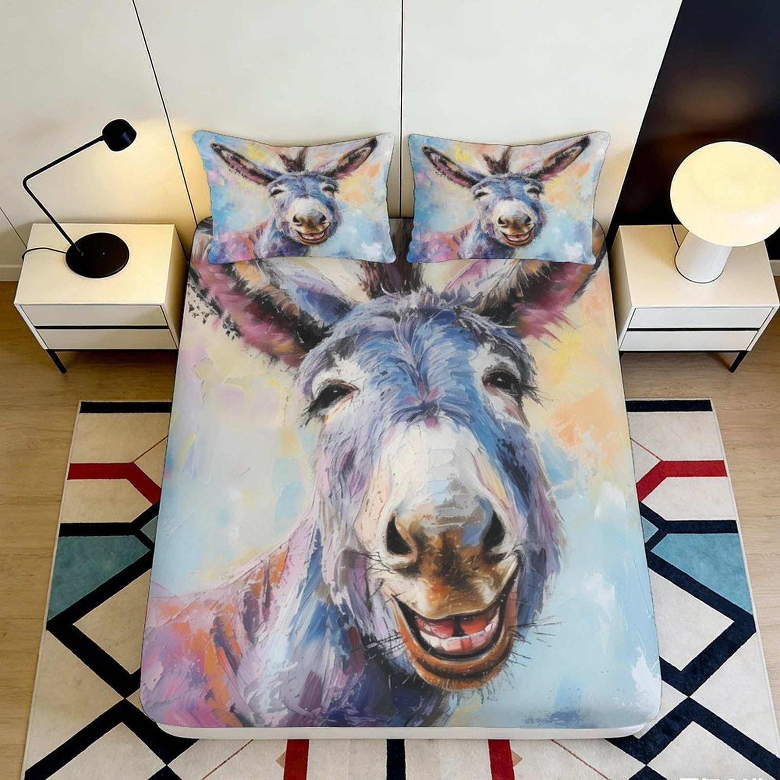 3D Printed Smiling Donkey Fitted Sheet Microfiber Soft Animal Art Bed Cover for Bedroom Dorm Easy Care Mattress Protection 90x200x25cm
