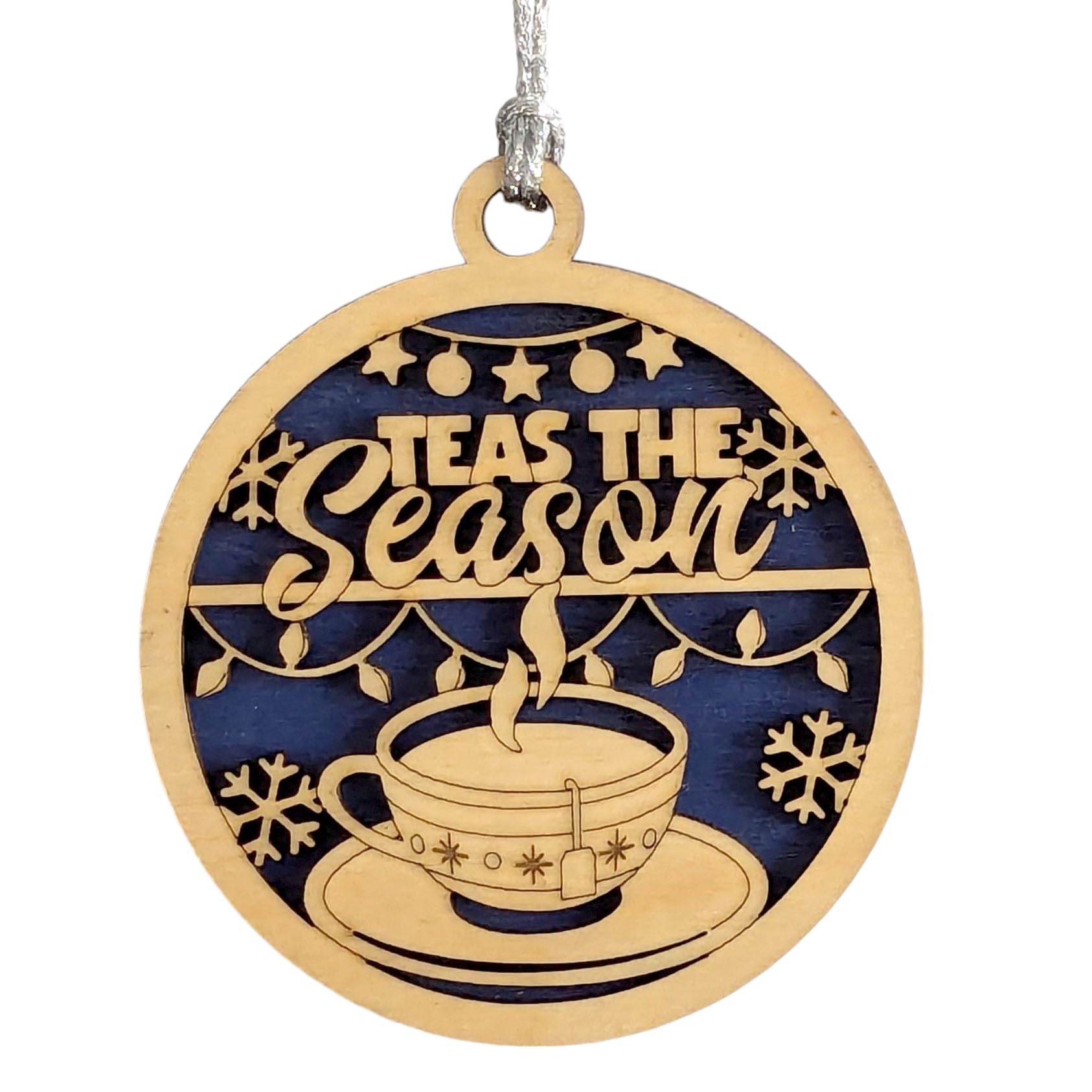 Teas the Season Ornament, Blue Backdrop, 3in Wood, Made in USA
