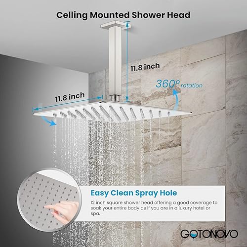 Miniatura 4 de gotonovo Juego de grifo de ducha de montaje en techo, cabezal de ducha cuadrado de 12 pulgadas, sistema de ducha de lluvia de níquel cepillado,