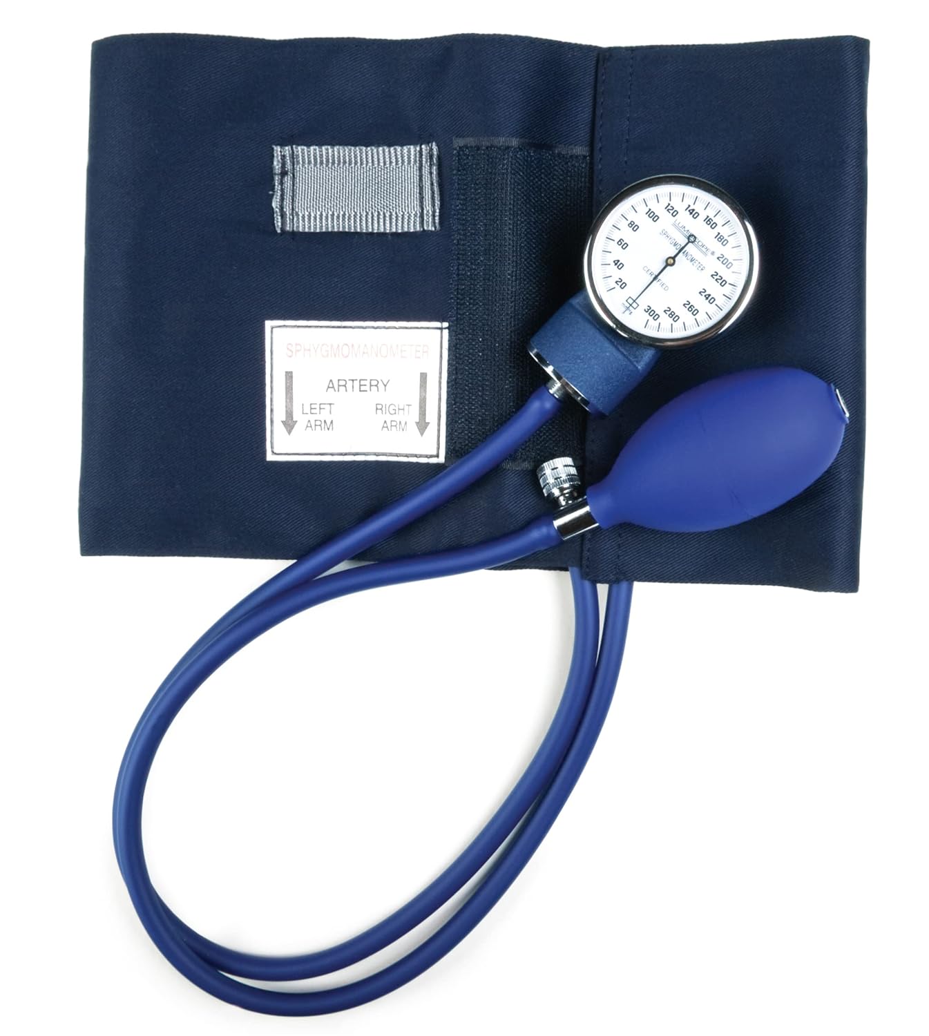 Top-down view of the sphygmomanometer cuff and gauge, highlighting the tubing connections.