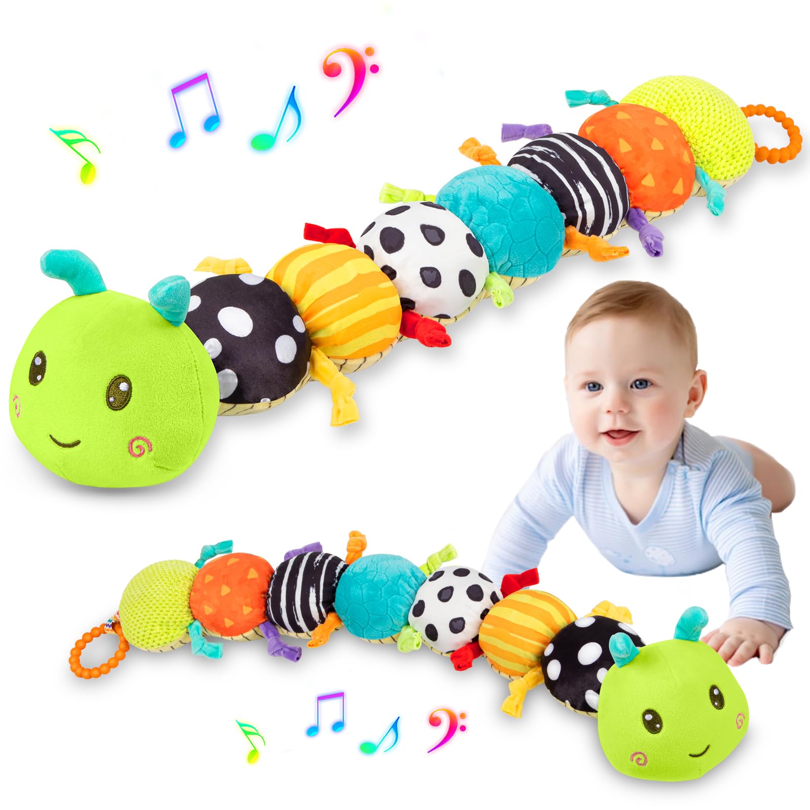Baby Stuffed Animal Toys for 0-6 6-12 Months, Baby Musical Caterpillar Tummy Time Toys for Babies 3 6 9 12 18 Months, Newborn Infant Sensory Toys Gifts for 1 2 Year Old Boys Girls