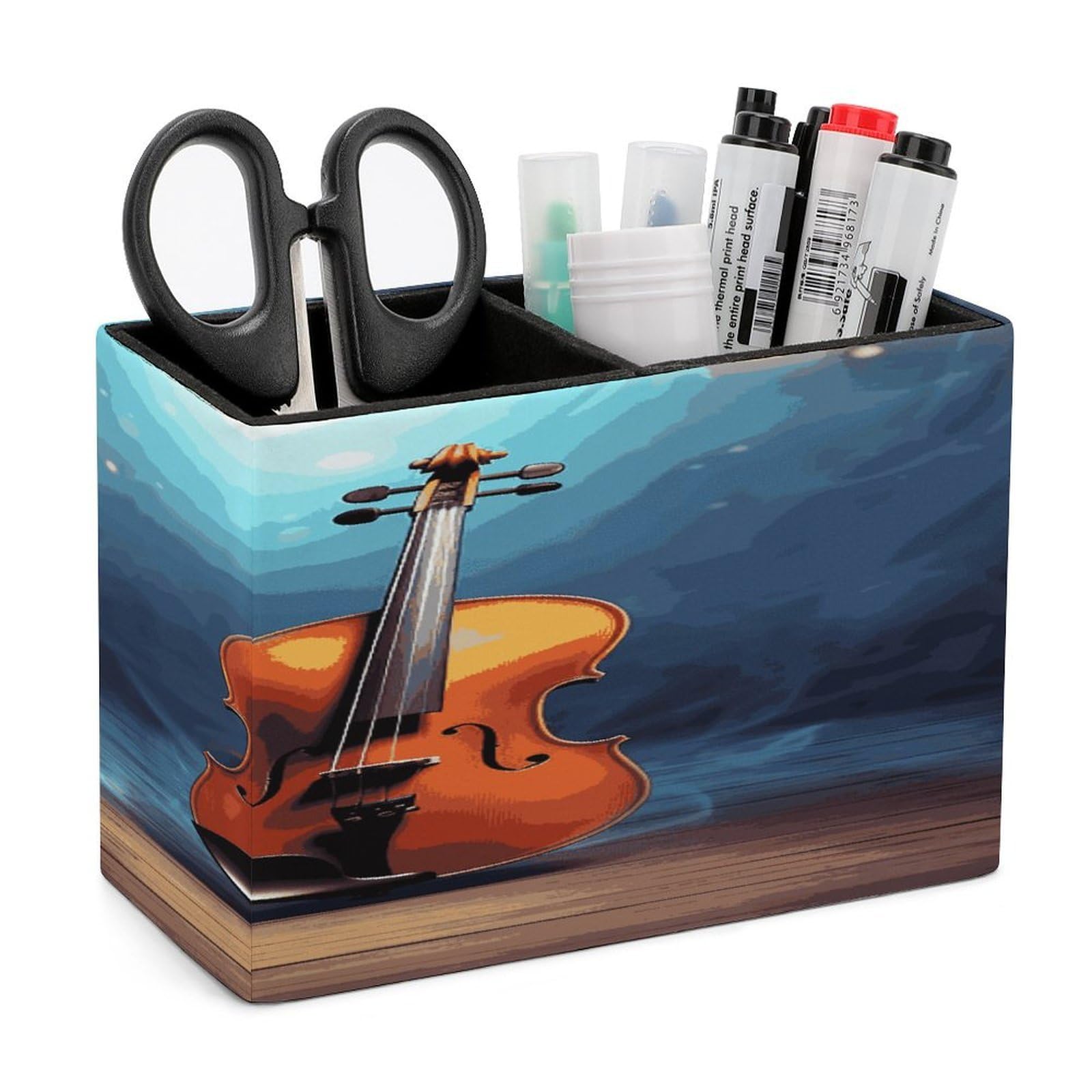 LDGSUPH Violin Poster Leather Pen Holder for Desk Organizer Caddy Large Pencil Cup Multi-function Pencil Holder Makeup Brush Holders Pen Organizer for Home Office Storage Box