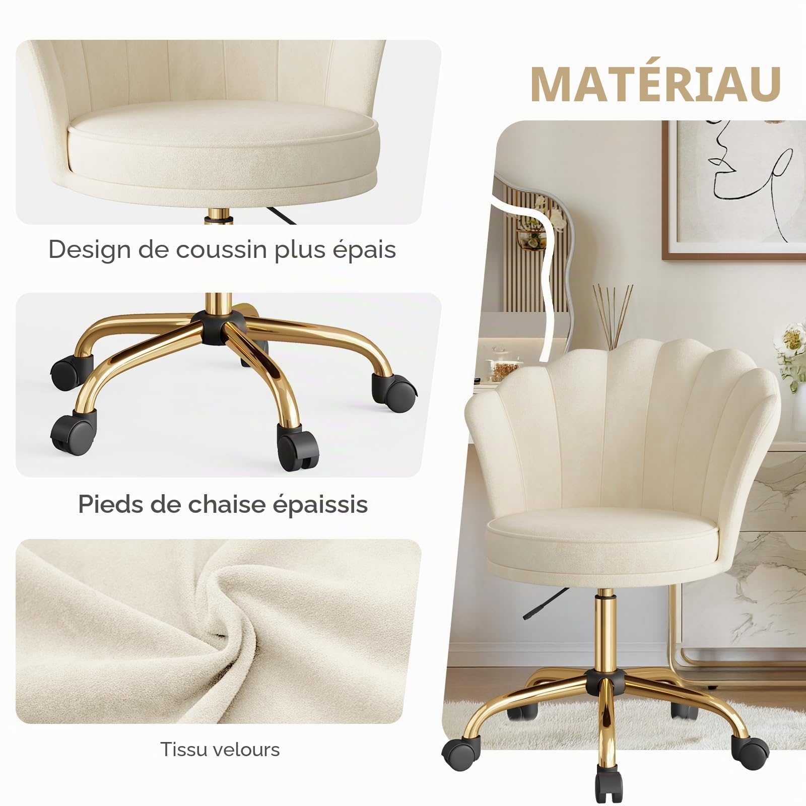 Chaise Coiffeuse Velours Hauteur Réglable Pivotante Pieds Métal Ergonomique Bureau 120 kg Beige