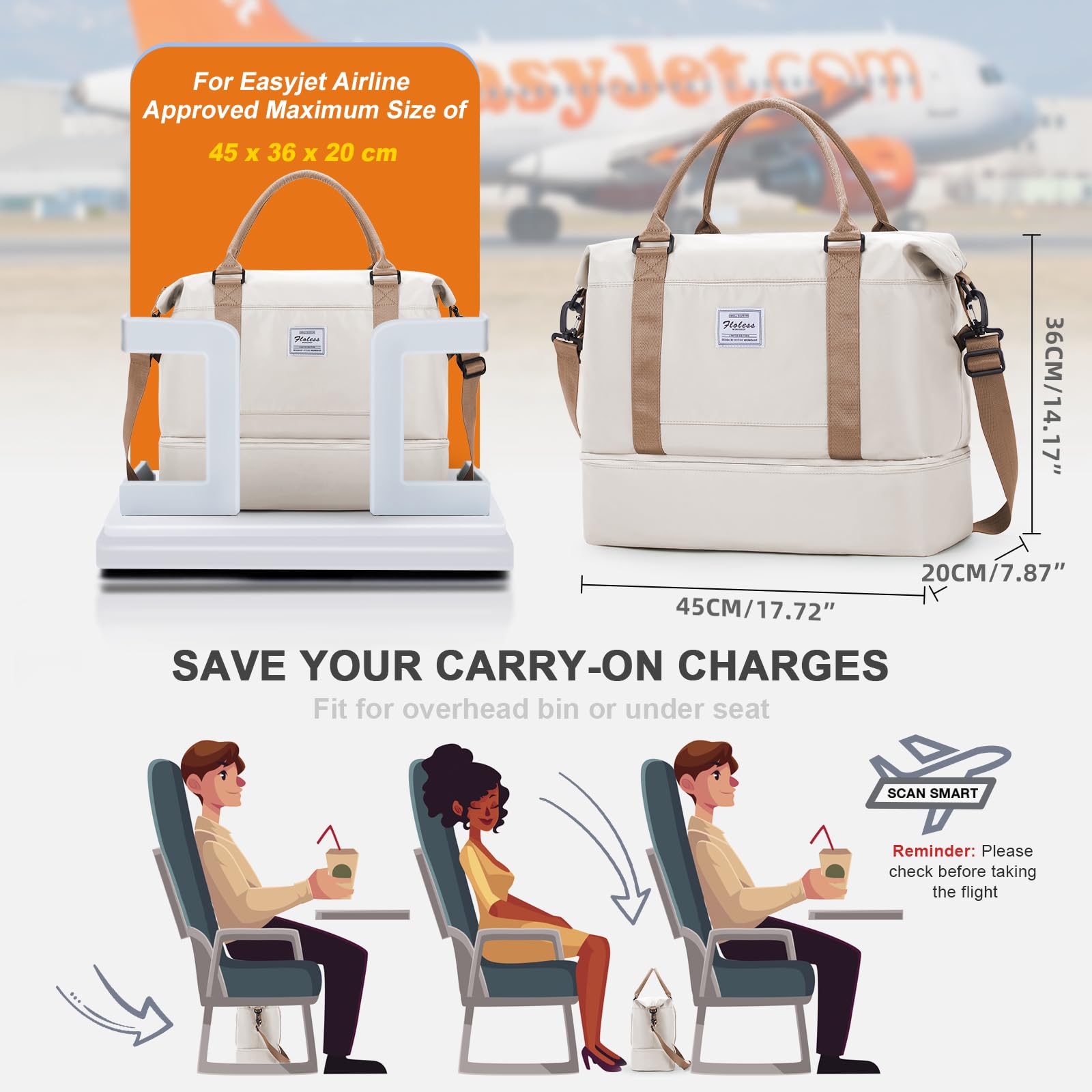 WEPLAN Borsa da Viaggio Donna Borsa da Viaggio Aereo 45x36x20 Easyjet Bagaglio a Mano Borsa Sportiva Unisex Weekender con Scomparto per le Scarpe Borsone Palestra Donna Ospedale,Beige Marrone L