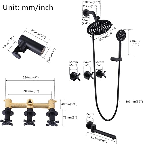 Miniatura 6 de FSCEPIXI Grifo de ducha de 3 manijas, juego de grifo de ducha con boquilla de bañera, sistema de ducha completo para bañera y ducha, color negro mate