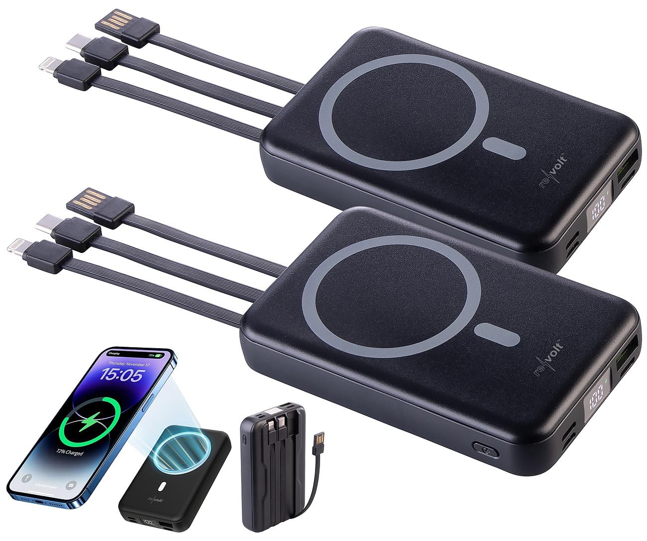 revolt Induktionsladegerät: 2er-Set Magnet-Powerbank 10.000 mAh, für Qi & MagSafe, PD, QC, 22,5 W (Akku Powerbank, MagSafe-kompatibel, Induktiv)