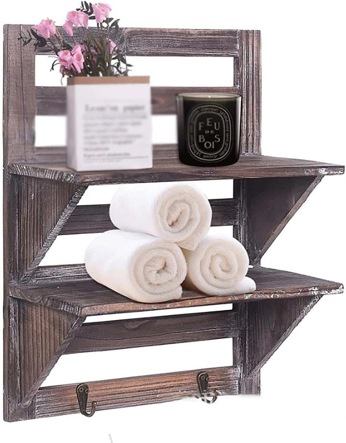 2-Tier Floating Shelves with 2 Hooks, Wall Mounted Bathroom Storage Rack Wood Wall Shelves with Towel Bar, Wall Mounted Storage Shelves for Living Room Bedroom Kitchen