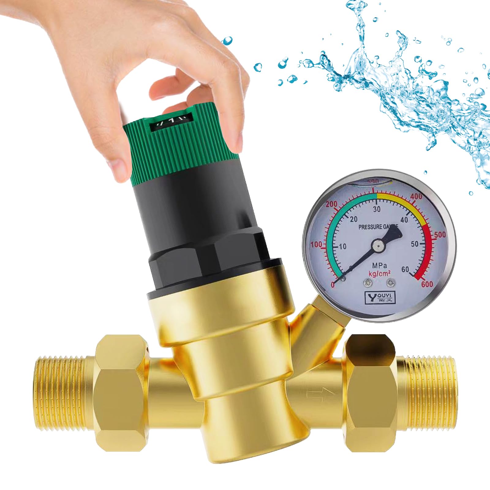 Regolatore di Pressione Acqua 1/2 pollice, DN15 Regolabile Riduttore di Pressione Acqua,con Manometro Pressione Acqua, Regolatore in Ottone per Negozi, Famiglia, Aree Esterne, Fabbriche