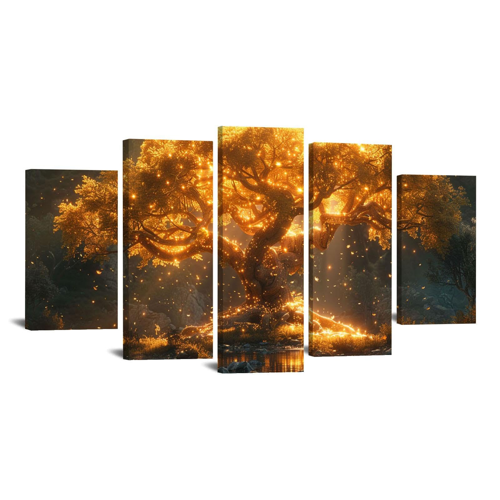 JOSUE Set de 5 Cuadros De El áRbol De La Vida Resumen del río Cuadros Y LáMinas Lienzo,Oro, negro Cuadro Cartel Sala De Estar Cuarto De BañO Comedor Decorativos-60x125cm Enmarcado