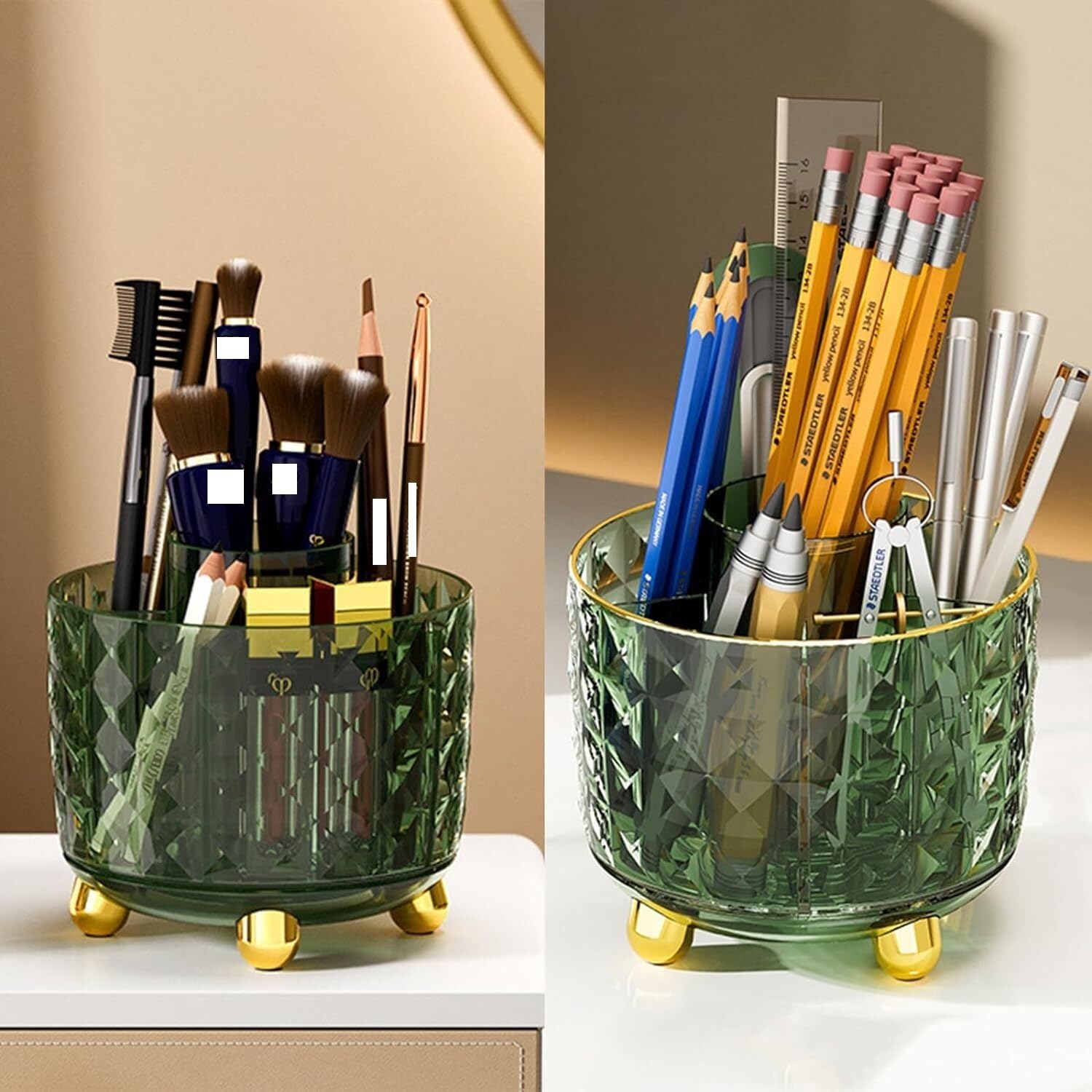 Schreibtischablage Make-up-Pinselhalter, 360 Drehbarer Make-up-Pinsel-Organizer, Staubdichte Make-up-Organizer Und Aufbewahrung Für Den Schminktisch Vielseitig Einsetzbar(Grün)