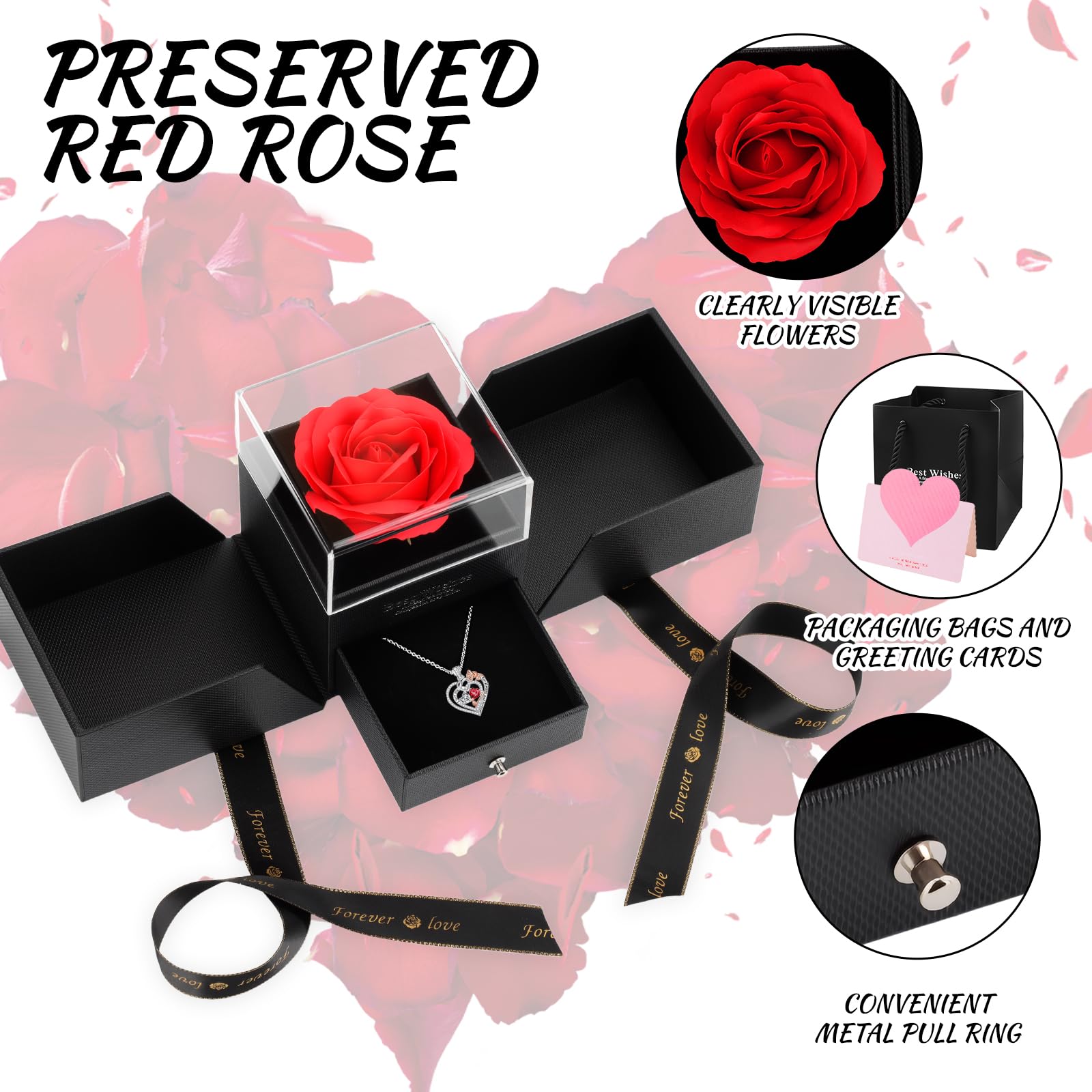 Rosa Eterna con Collana Cuore, Regalo San Valentino per Lei, Rose Stabilizzata per San Valentino Festa della Mamma Anniversario Compleanno & Natale, Idee Regalo Donna Mamma Fidanzata Moglie