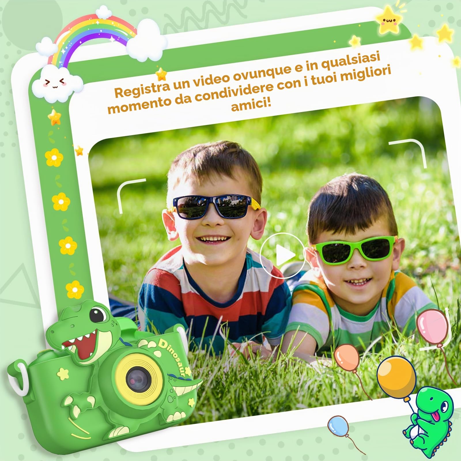 Macchina Fotografica Bambini 3-12 Anni, 48MP Digitale Fotocamera Bambini con Scheda 32 GB, Gioco Regali Natale & Compleanno per Bambino Bambina 3 4 5 6 7 8 9 10 Anni, Cappuccio di Dinosauro (Verde)