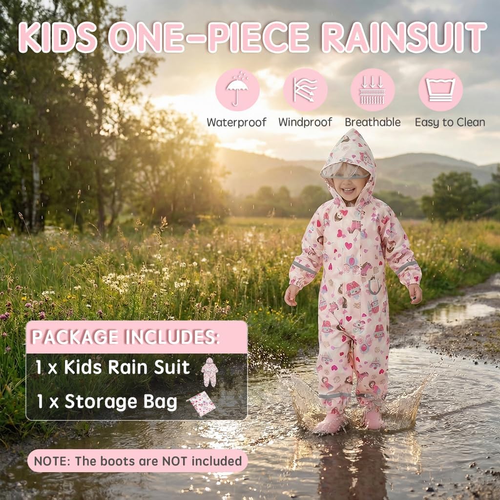 Toddler Kids Rain Suit with Hood - Waterproof Coverall One Piece for Kids (1-9 Years)