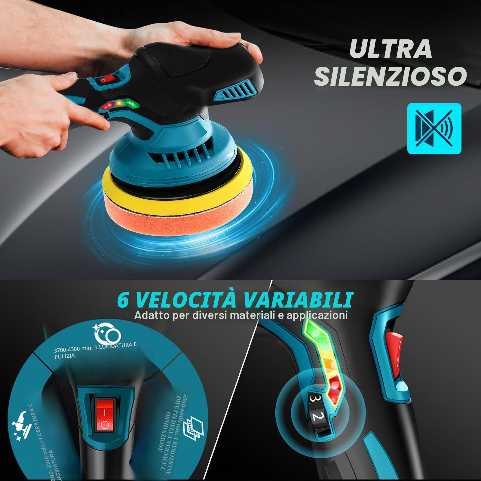 Lucidatrice Senza Fili, Lucidatrice per Auto da 6 Pollici, con 2 Batterie da 21 V, 1500 Mah e 13 Pezzi, 6 Velocità Variabile 5500 Rpm, Kit Lucidatura Orbitale per Lucidatura Ceratura Levigatura