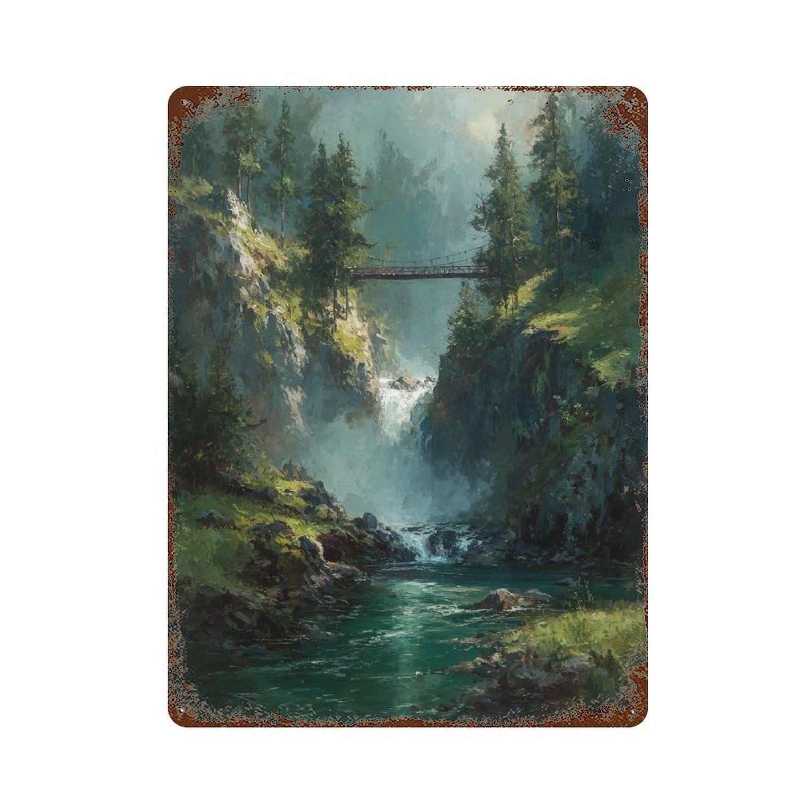 Retro Metal Sign with Forest Waterfall Bridge Scene Design 15.7"x11.8", for Shed, Workshop And Garage Wall Decor, Old School Wall Decor