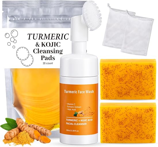 Treeroot 4 Pcs Turmeric Face Wash Set, 2 Pack 70g Turmeric Kojic Acid Soap | Includes Foaming Mousse with Brush, Scrub Pads for Gentle Face & Body Deep Cleansing Care