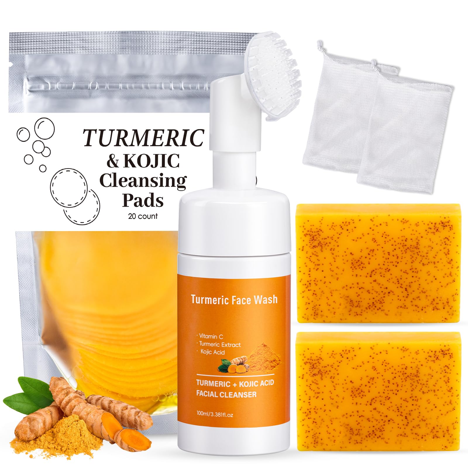 Treeroot 4Pcs Turmeric Face Wash Set 2Pcs 70g Turmeric Kojic Acid Soap Turmeric Face Wash with Brush Turmeric