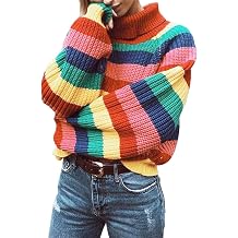 iticat Womens Striped Turtleneck Sweater Long Sleeve Solid Color Block Rainbow Colorful High Neck Pullover Knitting Top