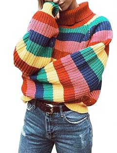 xxxiticat Womens Striped Turtleneck Sweater Long Sleeve Solid Color Block Rainbow Colorful High Neck Pullover Knitting Top