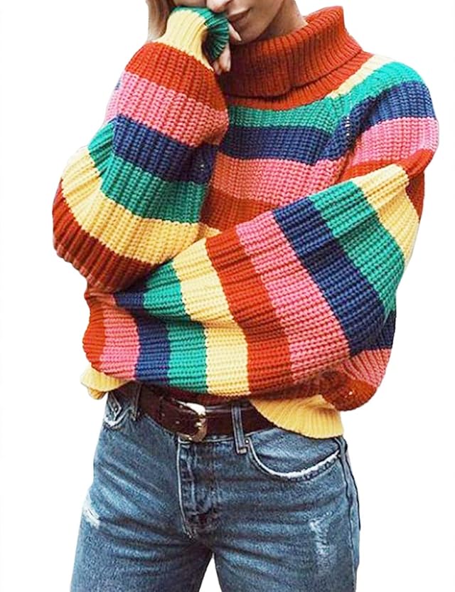 xxxiticat Womens Striped Turtleneck Sweater Long Sleeve Solid Color Block Rainbow Colorful High Neck Pullover Knitting Top