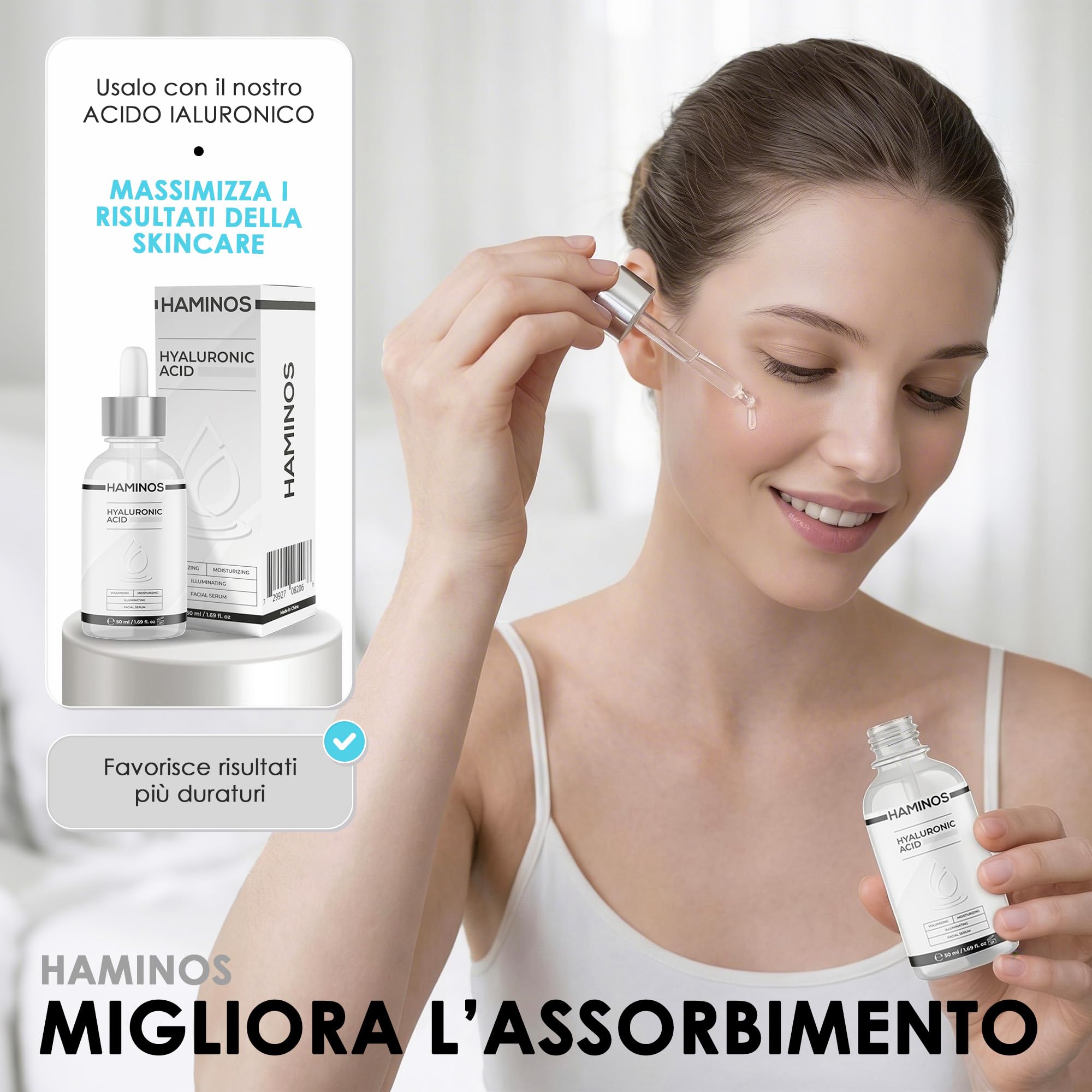 HAMINOS Massaggiatore Viso 4 in 1 con Calore, Vibrazione, Luce Rossa e Blu, Funzione Ionica Galvanica, Massaggiatore Viso Elettrico Ricaricabile USB-C per Cura del Viso