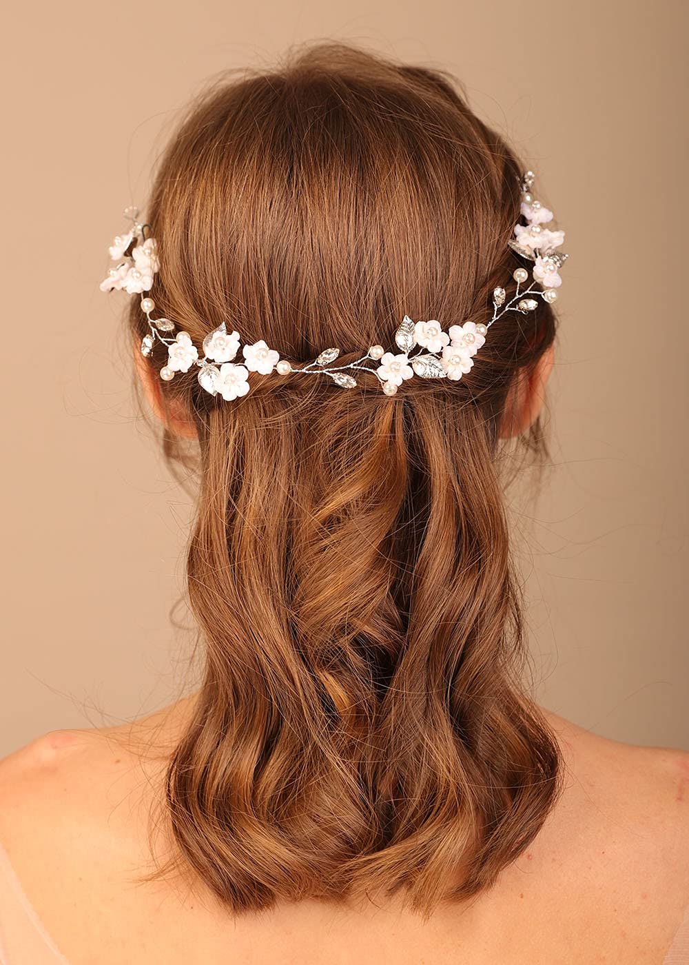 DeniferyBride Flower Wedding Hair Vine Crystal Hair Piece Pearl Bridal Headpiece Leaf Hair Accessories for Women and Girls (Silver B)