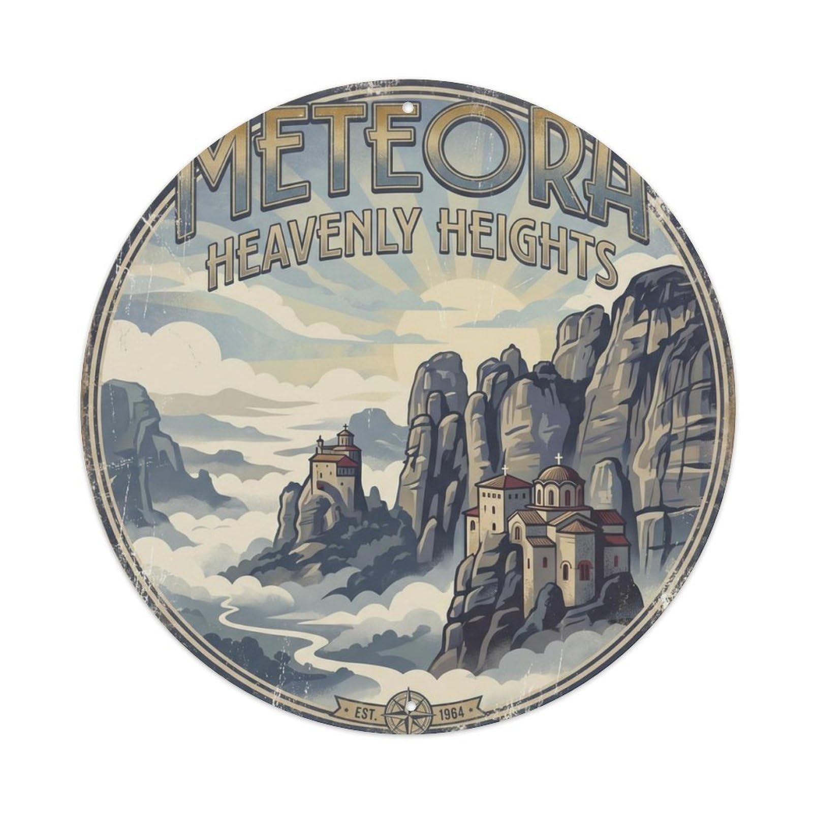 Vintage Travel Meteora Greece Monastery Metal Tin Sign Plaque Wall Decor for Cafe, Club, Garden Round Metal Poster 8x8Inch