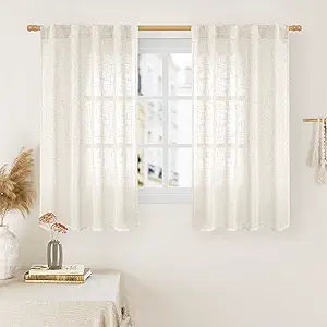 LAMIT 45 Inch Short Window Linen Curtains, Light Filtering Panels Back Tab and Rod Pocket Neutral Drapes for Cafe/Bathroom/Loft Room, Cream, 2 Panels, 34 x 45 Inch
